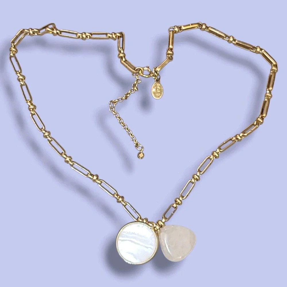 Loft Gold Tone Chain White MOP & Rose Quartz Pendent Charm‎ Necklace